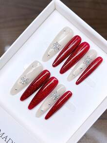 Pure Handmade Wearable Nail Art Almond-Shaped Nails; Hand-Painted Autumn And Winter Red Cat Eye Nails With Inlaid Diamonds; Handmade Press On Nails Homemade Press On Nails Handmade Nailshigh- Simple Design Nails, Full Coverage Fake Nails, Y2K Nails, Unique And Niche Creative Fake Nails, Daily Nails, Cute Modern Style Nails, Daily Use, Detachable Wear And. - Multicolor - View 15