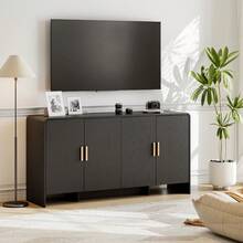 ONBRILL 60" Sideboard Buffet Cabinet With Storage, Curved Design Farmhouse Coffee Bar Cabinet With 4 Doors & Adjustable Shelves, Mid-Century Modern Sideboard Cabinet For Living Room, Kitchen, Hallway, Black - 黑色 - 查看 4