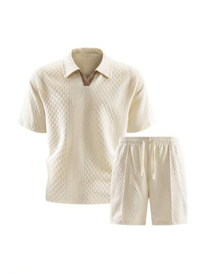 2pcs White Polo Collar Men's Short Sleeve Shorts Set, Breathable Textured Houndstooth Fabric, Basic Casual, Casual Holiday Style, Henley Collar, Men's Casual Suit, Machine Washable, Suitable For Beach Vacation, Strolling On The Beach, Casual Outings