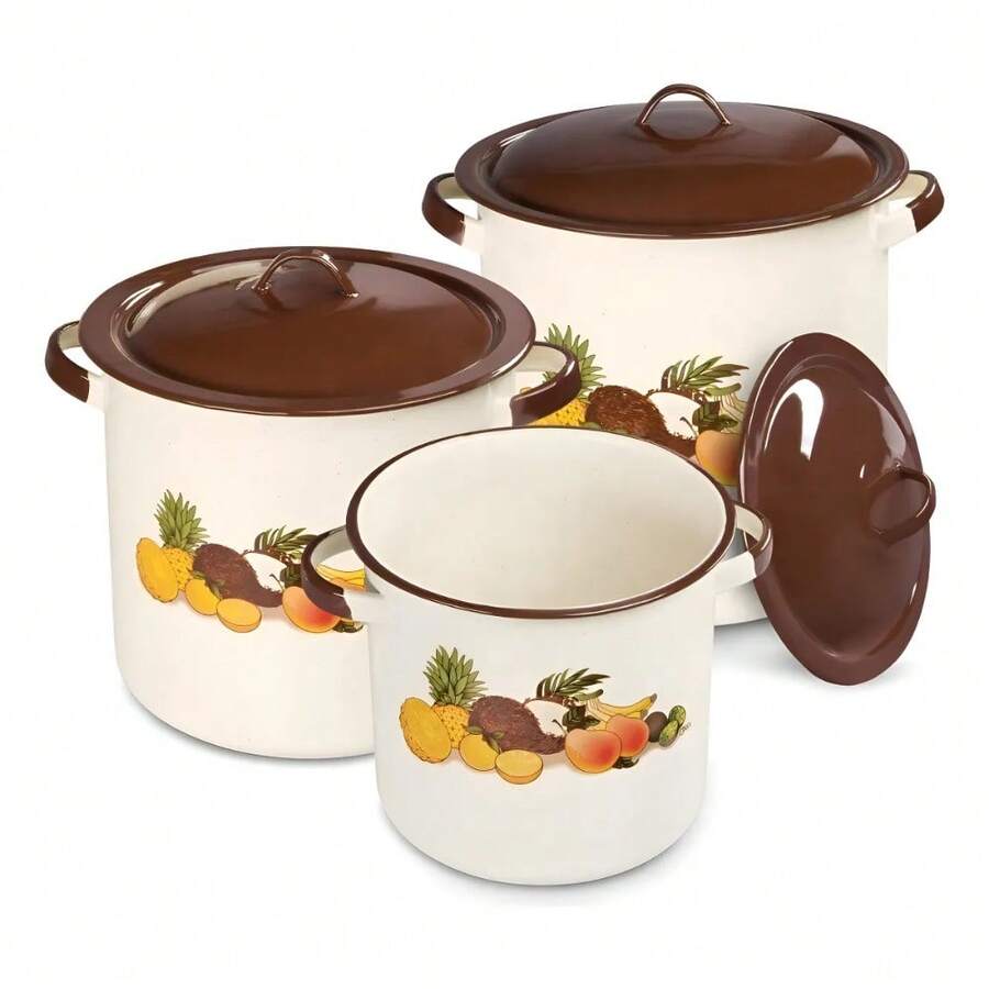Juego De 3 Ollas Grandes Con Tapa Decorado Tropical Cinsa Color Crema 6 Piezas - Crema - Ver 1