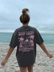 Summer Tops Mother's DayWomen's New Summer Casual Round Neck Short Sleeve T-Shirt, Simple Versatile Palm Tree Slogan Print, Suitable For Daily Wear. Graphic Tee, Women's T-Shirt Top Vacation.Loose And Comfortablesummer Clothes Easter - 深灰色 - 查看 6