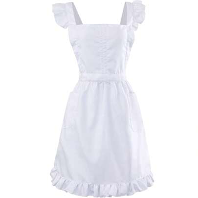 Delantal con volantes de estilo vintage en color blanco para mujeres con 2 bolsillos grandes - Este delantal de peto de moda para mujeres es perfecto para cocinar y limpiar, un gran regalo para el Día de la Madre
