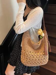 Casual Woven Straw Beach Bag, Fashionable Versatile Summer Vacation Shoulder Tote Bag For Commuting - Khaki - View 5