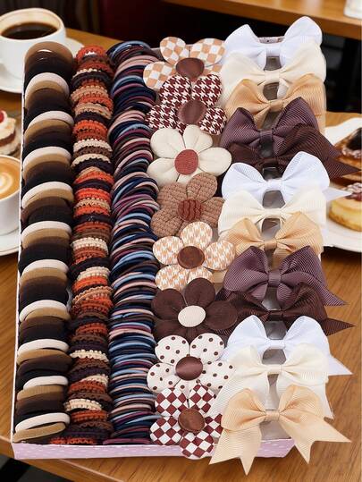 76 piezas Clips de cabello de colores surtidos tipo café, Set de ligas elásticas para el cabello, Diademas con estampado de flores de 5 pétalos de moda linda para niñas, Clips de cabello con moño texturizado y ligas para peinados