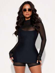 2pcs/Set Sheer Mesh Long Sleeve Bodycon Mini Dress, Sexy Fitted Streetwear For Spring/Summer - Black - View 1