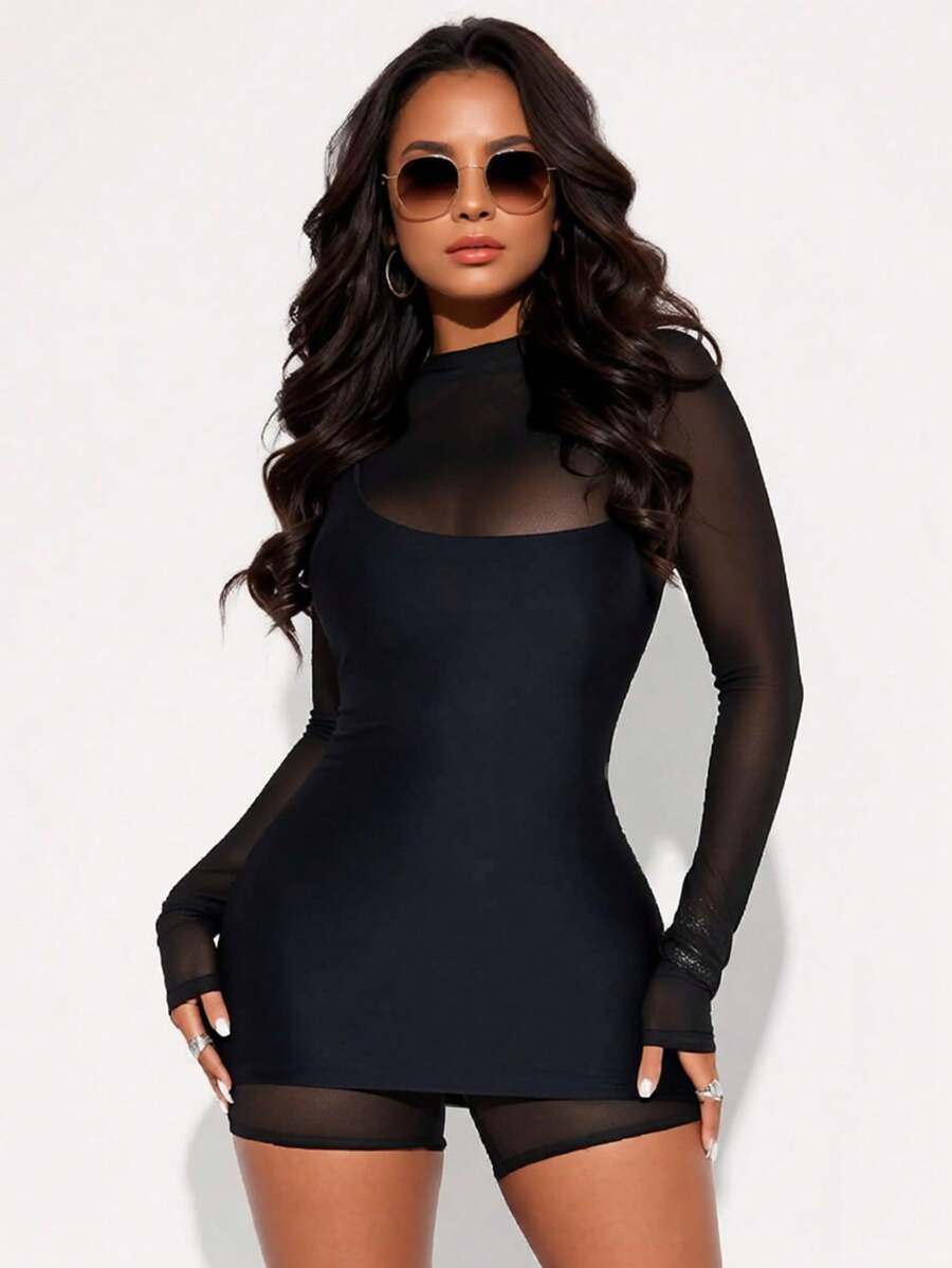 2pcs/Set Sheer Mesh Long Sleeve Bodycon Mini Dress, Sexy Fitted Streetwear For Spring/Summer - Black - View 1