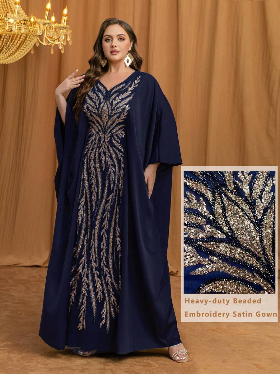 UNITHORSE Plus Women's [Random Cut] V-Neck Batwing Sleeve Long Luxury High-End Elegant Sequin Lace Splice Matte Satin Women Robe Dress - Navy Blue - View 1