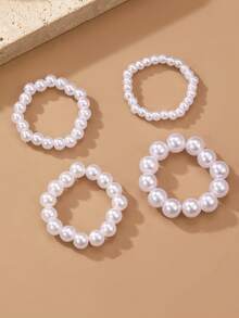 Set de 4 anillos con perlas falsas de estilo minimalista y elegante, adecuados para uso diario, citas y accesorios para fiestas de mujeres - Blanco - Ver 3