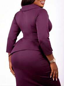 Women's Midi Dress, 3/4 Sleeve, Asymmetrical Neckline, Elegant & Comfortable, Asymmetric Waist With Ruffle Hem Design, Flattering Silhouette, Suitable For Work, Office, Daily Wear, Spring/Autumn - Purple - View 3