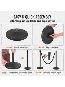Stanchion Post With Velvet Rope, 6-Pack Crowd Control Stanchion With 6PCS 5FT Black Velvet Ropes, Carbon Steel Baking Painted Queue Barrier Line Divider & Fillable Plastic Base For Wedding Party - Black - View 5