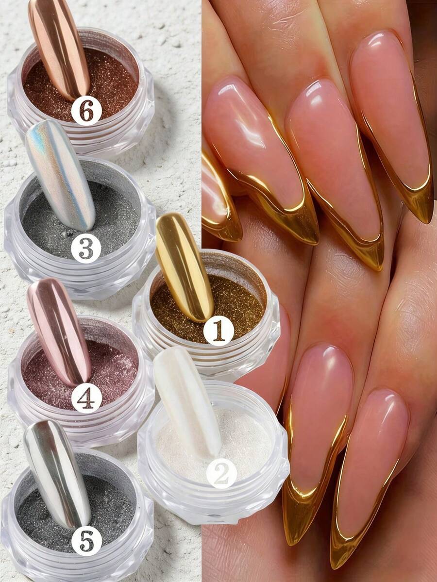 6pcs Rose Gold Champagne Mirror Powder Nail Art Tool Set, Including Glitter Powder, Pearl White, Laser Silver Metal Powder For Metallic Nail Design - Multicolor - View 1