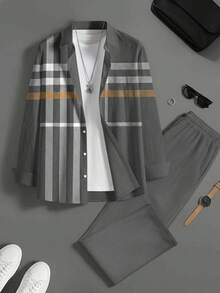 Plus Size Men's Suit, Plus Size Men's Shirt Set, Printed Machine Washable, 2 Pieces Long Sleeve Shirt And Pants, Plus Size Men's Clothing - Grey - View 1
