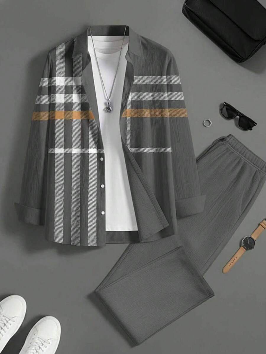 Plus Size Men's Suit, Plus Size Men's Shirt Set, Printed Machine Washable, 2 Pieces Long Sleeve Shirt And Pants, Plus Size Men's Clothing - Grey - View 1