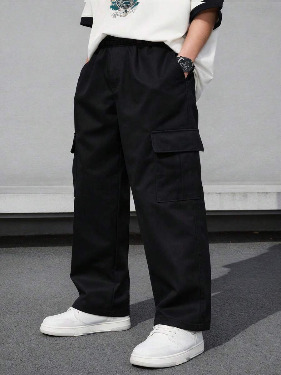1件装休闲宽松直筒工装裤，带大口袋，美式设计，适合青少年男孩 - 黑色 - 查看 1
