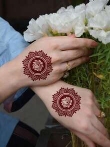 2pcs Floral Design Brown, Red, Burgundy Sexy Toe & Hand Temporary Tattoo Stickers, Suitable For Women, Henna Inspired Flower Print Waterproof Tattoo Stickers, Brown Tattoo Stickers For Body Art, Wedding Party - Red - View 5