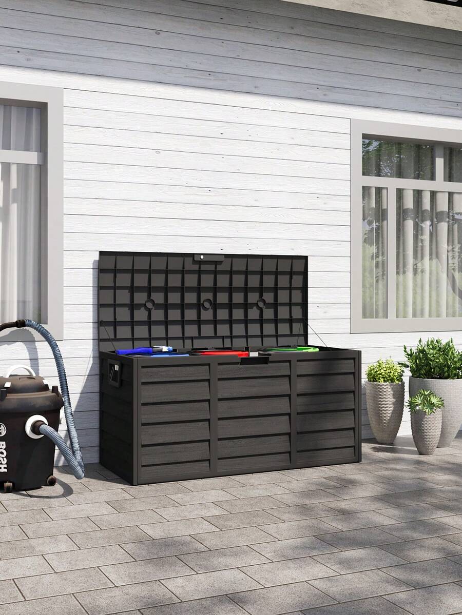 LIVINGANDHOME 1 Piece Black PP Outdoor Storage Deck Box 290L Lockable Hinged Top Weather Resistant Garden Organizer - Black 290L - View 1