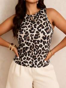 Plus Size Women Leopard Print Sleeveless Round Neck Tank Top, Casual Shoulder Revealing Vacation Wear, Fitted Top For Spring/Summer - Multicolor - View 5