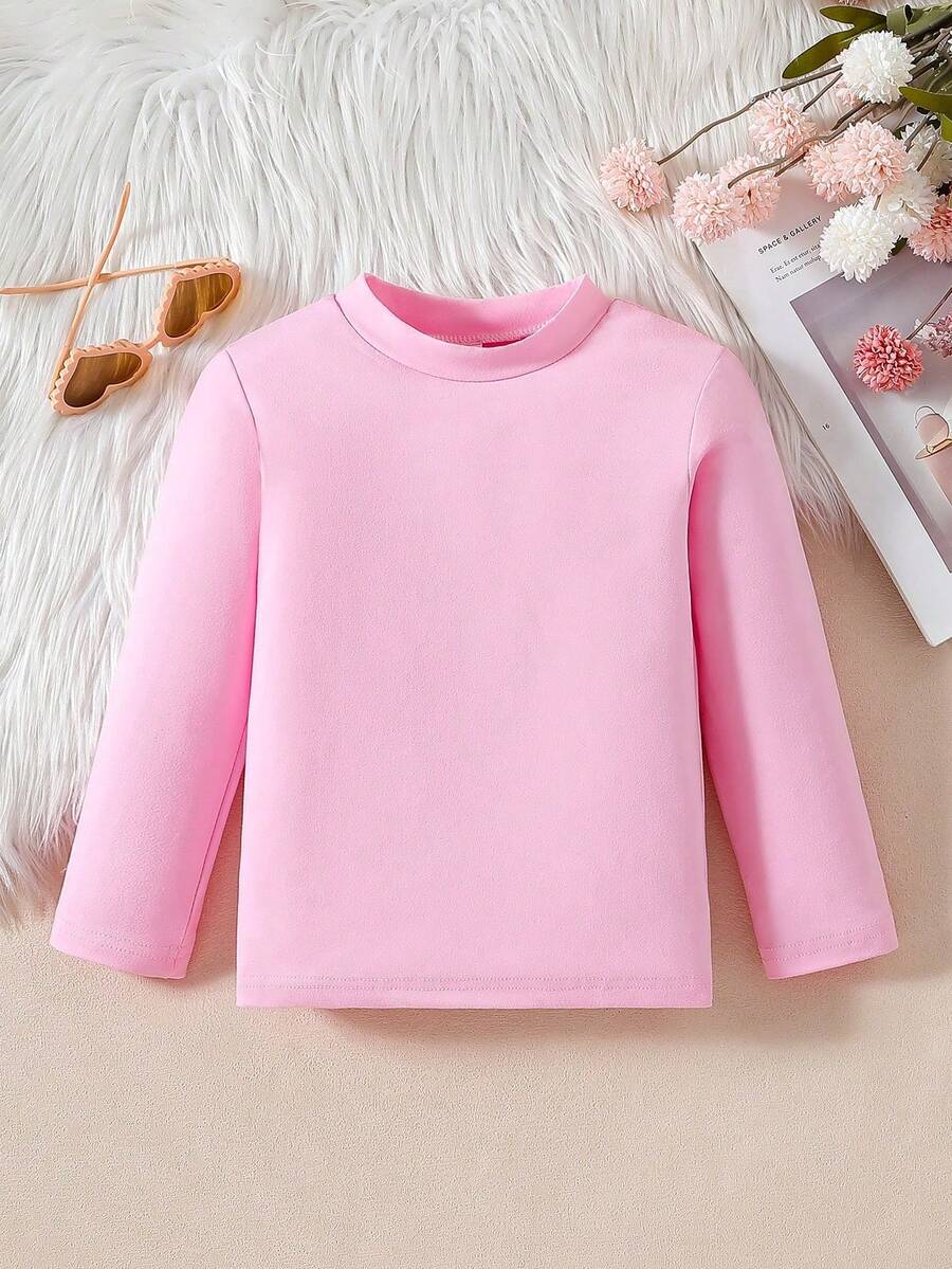 Camiseta térmica de cuello redondo de unicolor clásico para niña, de manga larga versátil, para uso diario - Rosa - Ver 1