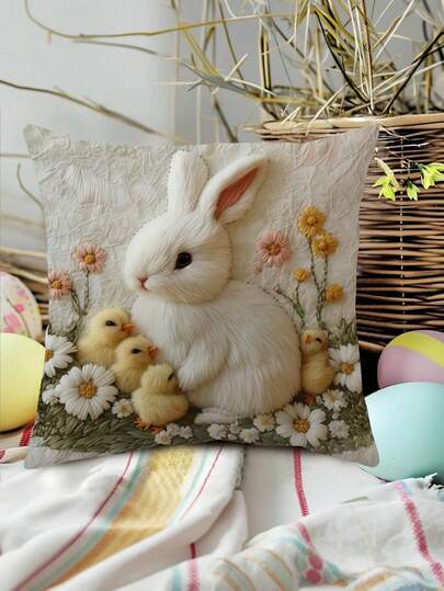 1/2/4件装复活节兔子抱枕套 - 柔软涤纶材质，非刺绣工艺，拉链设计，可机洗 - 可爱的白色兔子和小鸡图案，饰以花卉图案 - 非常适合沙发或卧室装饰