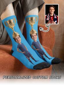 1 Pair Of Customized Face Men's Mid-Calf Socks, Put Any Face On Socks, Personalized Socks With Photos, Interesting Customized Mid-Calf Socks, Suitable For Valentine's Day, Birthdays, Gift-Giving Occasions, Personalized, Interesting - Multicolor - View 2