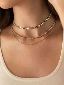 Set de 3 collares de cadena de cuerda retorcida con incrustaciones de cobre multicapa, collar único de alta gama, cadena de suéter - Amarillo Oro - Ver 1