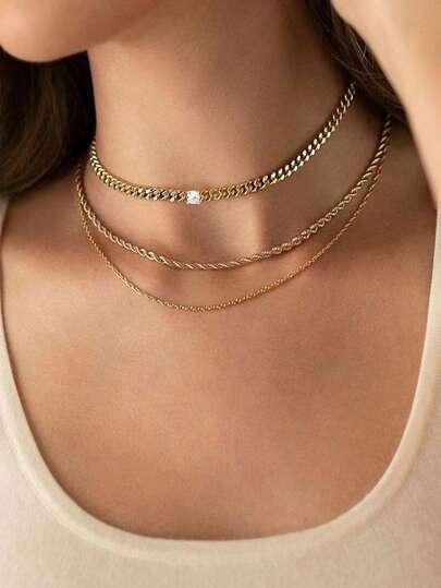 Set de 3 collares de cadena de cuerda retorcida con incrustaciones de cobre multicapa, collar único de alta gama, cadena de suéter