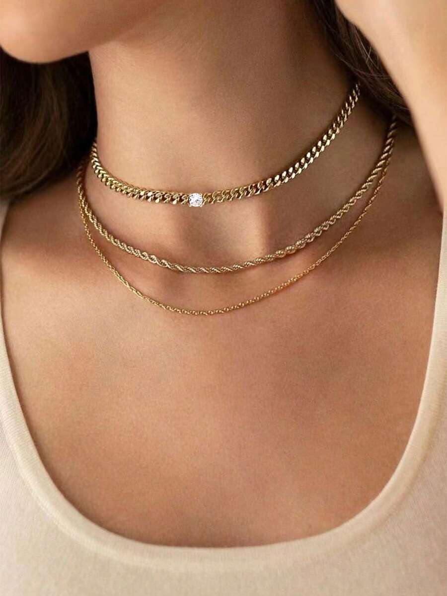 Set de 3 collares de cadena de cuerda retorcida con incrustaciones de cobre multicapa, collar único de alta gama, cadena de suéter - Amarillo Oro - Ver 1