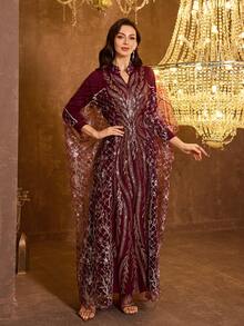 UNITHORSE 女士 V 领长袖系带亮片网纱连衣裙 - 酒紅色 - 查看 7