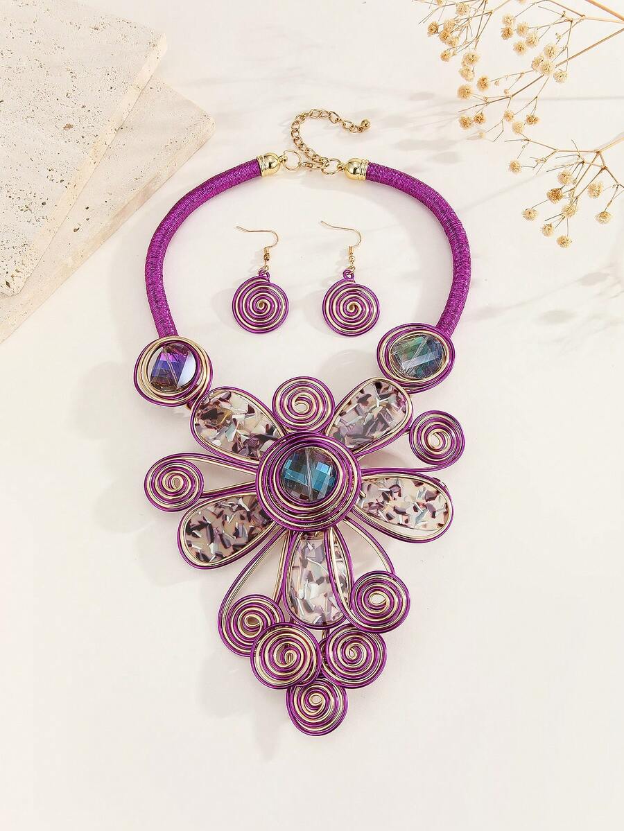 1 Set Exaggerated Multi-Layer Handmade Aluminum Wire Woven Resin Acrylic Chain Bohemian European Middle Eastern European Korean Version Evening Party Holiday Beautiful Lady Artificial Crystal Shaped Necklace Earrings - Purple - View 1