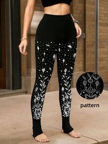 1件装女士闪亮水钻奢华落叶图案踩脚裤，休闲健身服饰 - 黑色 - 查看 7