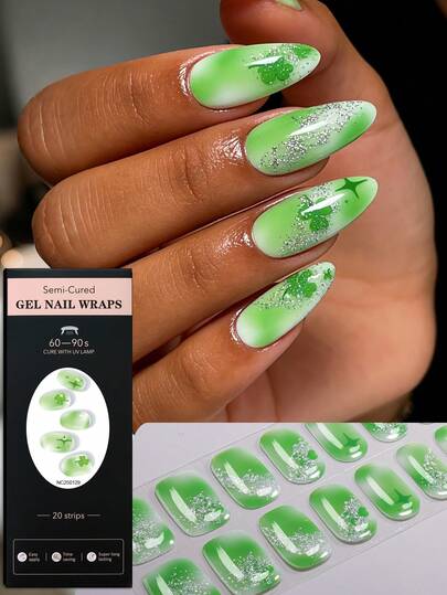 20pcs Lucky Green Gradient Shiny Semi-Cured Gel Nail Stickers, St. Patrick's Theme, Vibrant Green Four-Leaf Clover Star Design, Long-Lasting, Requires UV Lamp, Suitable For Women & Girls Daily Commute, Spring/Summer Outings, St. Patrick's Theme Parties, DIY Nail Art Supplies