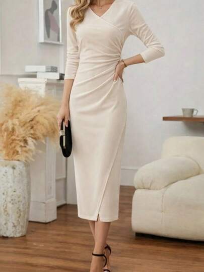 Women's Long Sleeve, Side Gathers, Front Crossover Detail Midi Velvet Dress , 29117