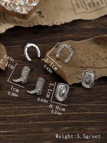 3 件套复古西部风格合金纹理牛仔帽、牛仔靴、仙人掌耳环，节日礼物及日常佩戴 - 銀色 - 查看 3