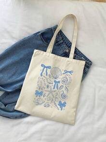 1 chiếc - Túi tote tái sử dụng họa tiết vỏ sò nơ xanh dương, túi mua sắm cỡ lớn có thể gấp gọn, túi xách phong cách boho tối giản, phù hợp cho công việc, du lịch, mua sắm, đi học, v.v. Tuyệt vời cho các bạn nữ, sinh viên đại học, phụ nữ công sở. - Màu be - Xem 12