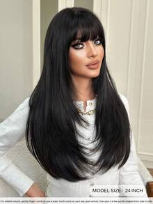 NICKY WALL 24 Inch Layered Long Straight Wig With Bangs, High Density Fluffy Heat-Resistant Synthetic Fiber, Suitable For Daily Wear And Holiday Parties - Black - View 4