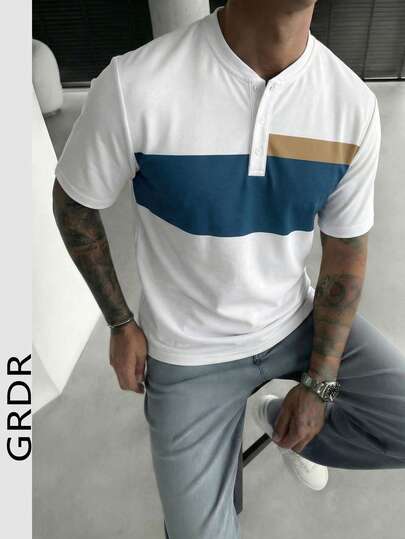 GRDR 1件男士休闲亨利领短袖T恤，夏季