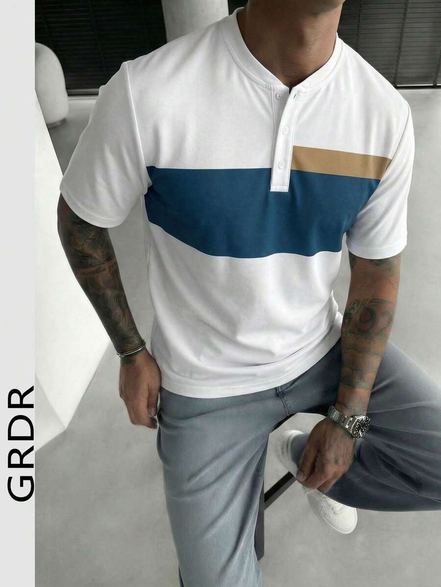 GRDR 1件男士休闲亨利领短袖T恤，夏季 - 藍白色 - 查看 1