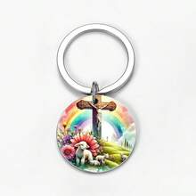 "Easter Resurrection Keychain - Stainless Steel Round With Jesus, Cross & Egg, Believer's Easter Sunday Accessory & Meaningful Christian Gift " - Multicolor - View 5