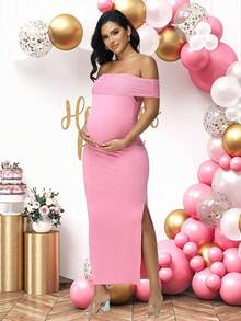 JustVH Maternity Mesh Off Shoulder Elegant Summer Sleeveless Dress For Baby Shower Photoshoot - Baby Pink - View 6