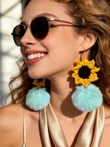 Handmade Crochet Sunflower Pom-Pom Earrings Boho Chic Statement Accessories For Festivals & Everyday Style - Mint Green - View 3