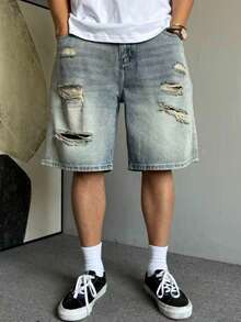 Men's Vintage Distressed Washed Denim Jeans, Summer - Medium Wash - View 4