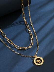 2pcs Minimalist Copper Square Paperclip Clavicle Chain With Cubic Zirconia Star & Sun Pendant Necklace, Suitable For Girl Party Wear (Random Chain Clasp & Bead Count) - Yellow Gold - View 4