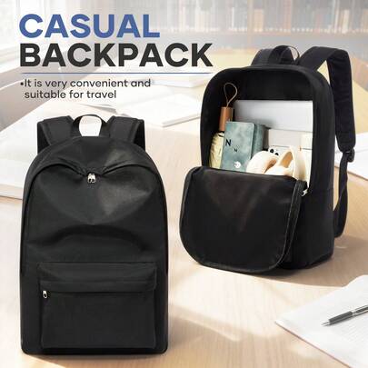 黑色简约休闲日用背包，青少年学生书包，轻便耐用尼龙材质，带前置口袋，宽敞隔层可装书籍和笔记本电脑，时尚日常笔记本电脑背包，适合学生上学通勤旅行