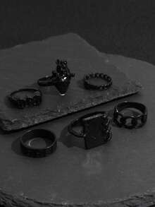 6件套朋克风做旧心形字母设计戒指套装（女士款） - 黑色 - 查看 5