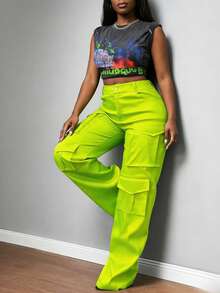 Plus-Size Women's High-Waist Wide-Leg Cargo Pants, Featuring Bold Multi-Pocket Multifunction Design, Perfect For Street Style And Festival Looks - Màu xanh chanh - Xem 6