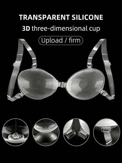 1 Pair Women's Transparent Silicone Invisible Bra, 3D Push-Up Front Closure Bra With Removable Clear Straps, Adhesive Anti-Slip For Wedding, Backless Dresses & Parties