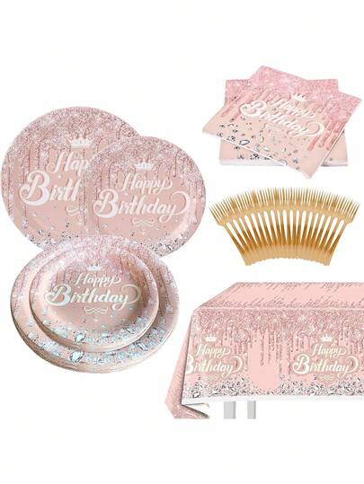 81 PCS Vajilla para fiesta de cumpleaños,juego de vajilla desechable para fiesta,platos, tenedores, pañuelos y manteles,20 invitados,adecuado para fiestas de cumpleaños de niños y niñas (Rosa),41041960