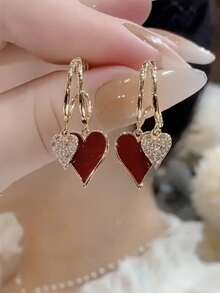 Elegant Red Heart Pendant Earrings - Unique Minimalist Design For Women, Suitable As Valentine's Day Gift - Multicolor - View 1