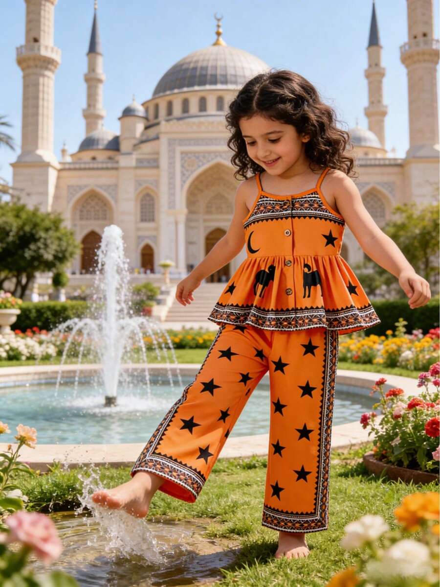 Girls Bohemian Style Set, Orange Camisole Top + Wide Leg Pants With Star & Moon Sheep Print And Bohemian Geometric Trim, Loose 2-Piece Outfit For Beach, Casual, Party, Spring/Summer - Orange - View 1