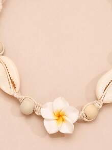 1条女士亚克力贝壳脚链，波西米亚风格手工软陶瓷花朵，粉色/蓝色/白色可选，适合日常佩戴、海滩、假日、情人节、生日、度假礼物 - 白色 - 查看 4